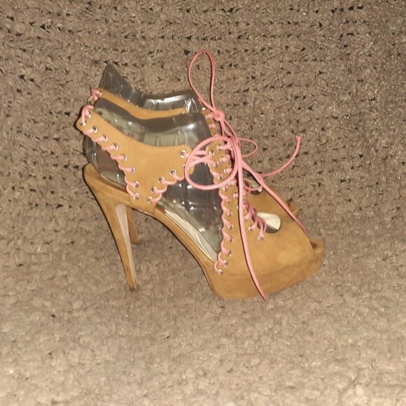 Vintage BRIAN ATWOOD-BITCHIN-Tan Nubuck/Pink Laces-Corset Style-Stilettos-Sz 37 - Picture 4 of 8